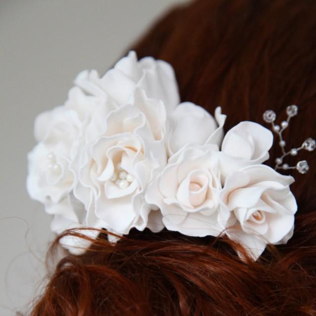 White Floral Bridal Comb Freshwater Pearl Wedding Comb Rhinestone Wedding Headpiece Floral 0731