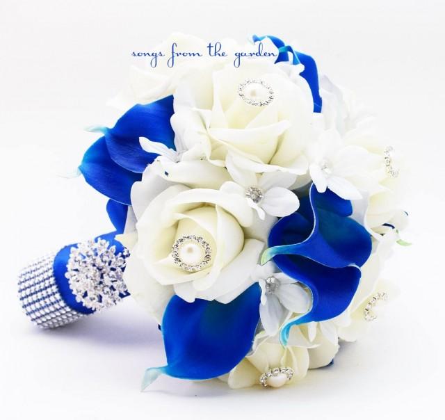 Royal Blue And White Bridal Bouquet Roses Calla Lilies Stephanotis With Grooms Boutonniere 2585