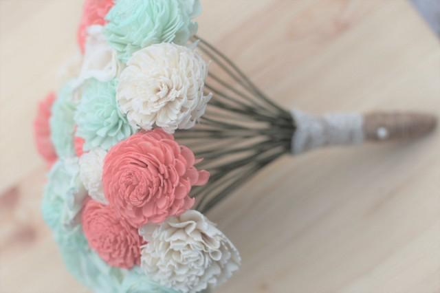Coral And Mint Sola Bouquet Wooden Flowers Rustic Wedding