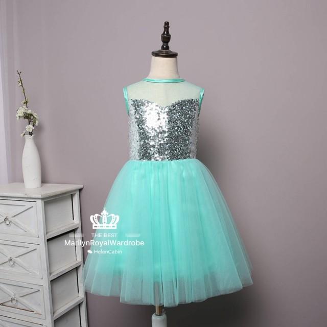 Silver Sequin Light Turquoise Tulle Glitter Flower Girl Knee