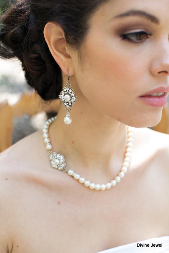 Ivory Swarovski Pearl Bridal Earrings Rhinestone Wedding Earrings