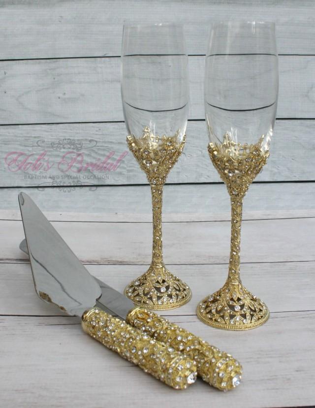 Swarovski Crystal Wedding Toast Set, Champagne Glasses, Weeding Toasting Flutes, Cake Server Set