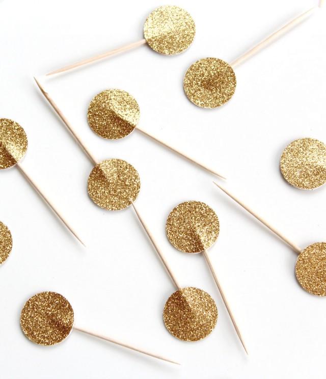 Gold Glitter Wedding Cupcake Toppers, Cupcake Toppers, Gold Glitter