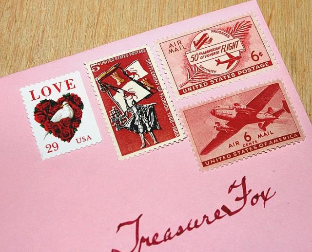 I LOVE Red .. Travel .. Unused Vintage US Postage Stamps .. Enough To