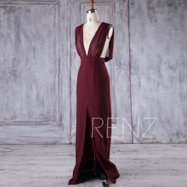 2017 Wine Chiffon Bridesmaid Dress Deep V Neck Lace Wedding Dress