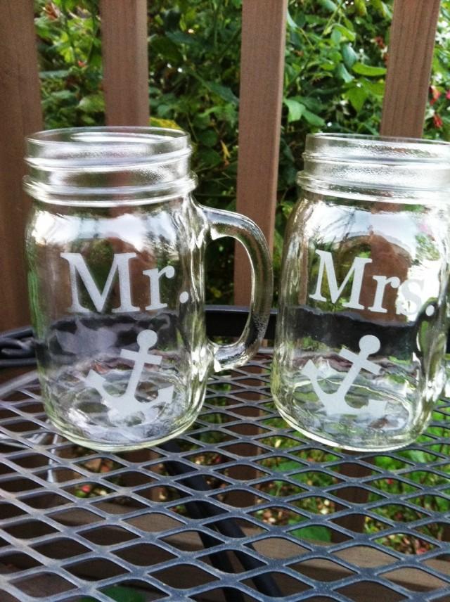 Mr Mrs Etched Glass Mason Jar Glasses Set Of 2 With Anchor Nautical Theme Wedding Reception 3158