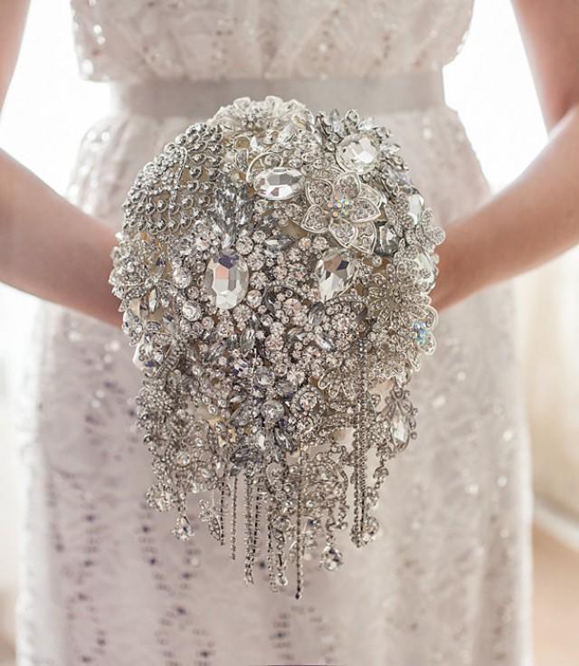 Cascading Brooch Bouquet. Full Crystal Ivory And Silver Wedding Broach