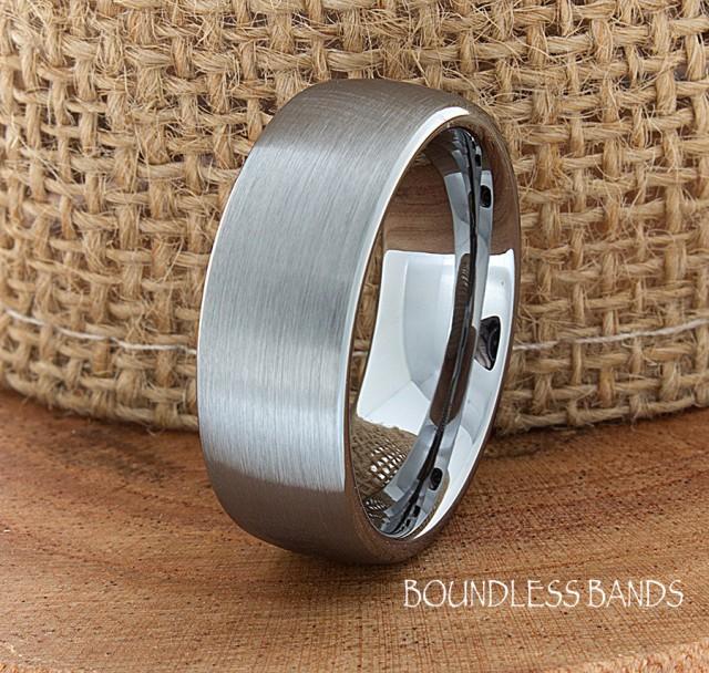 Tungsten Wedding Ring Dome Shaped Brushed Mens Wedding Band Custom Engraved Any Design Couple