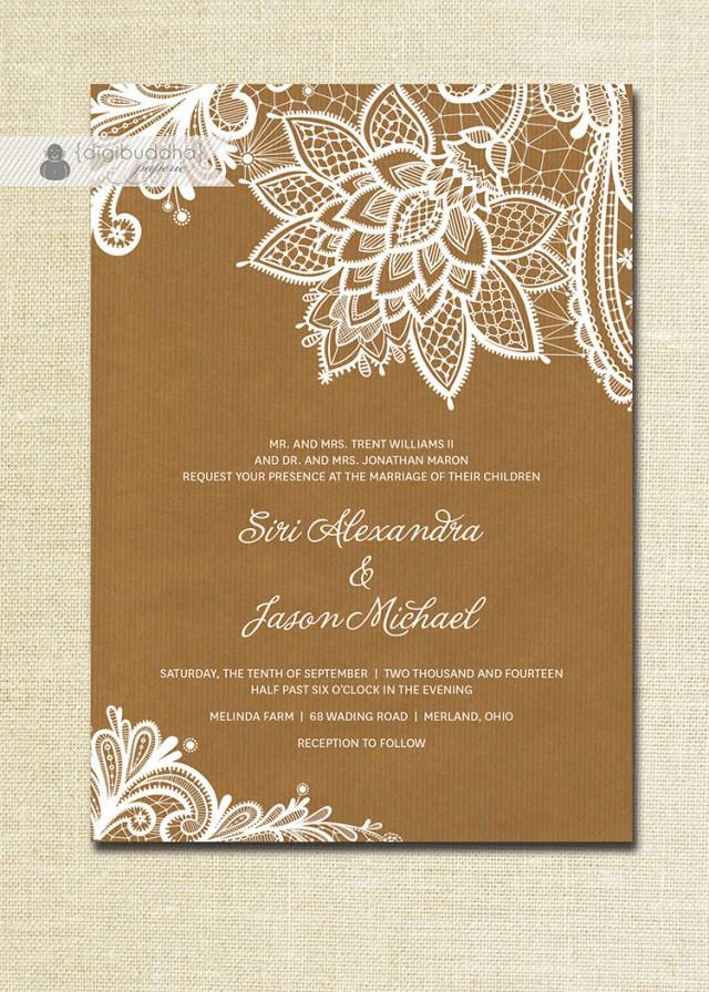 Lace Wedding Invitation Kraft Shabby Chic Rustic Wedding White Ivory