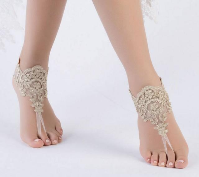 Bohemian Wedding Gold Lace Sandles Beach Wedding Barefoot Sandals, Lace Wedding Anklet Footless 
