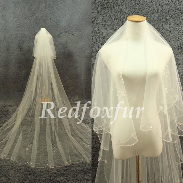2T Cathedral Veil,Ivory Bridal Veil,Handbeaded Veil,Crescent Edge Veil