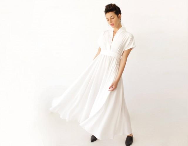 white linen v neck dress