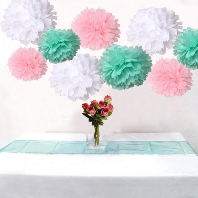 18 Pack Mixed Pink Mint Green White Diy Tissue Paper Flower Pom