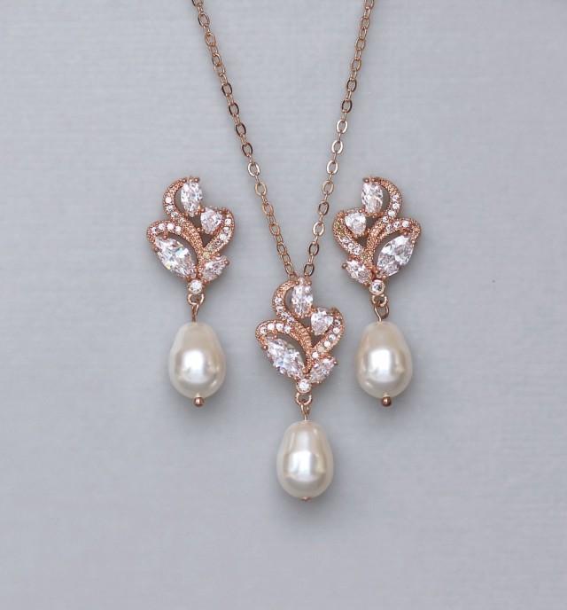 Rose Gold Jewelry Set, Pearl Bridal 