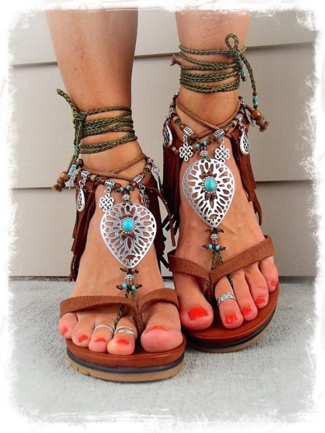 Khaki Native Barefoot Sandals Earthy Tribal Toe Anklets Eternal Knot Gypsy Sandals Garden