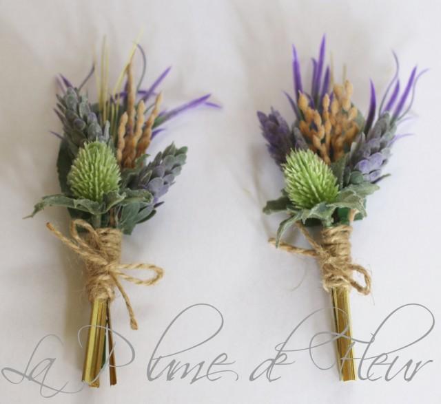 Rustic Buttonhole, Boutonniere Country Garden Style Buttonhole, Wheat, Thistle And Lavender