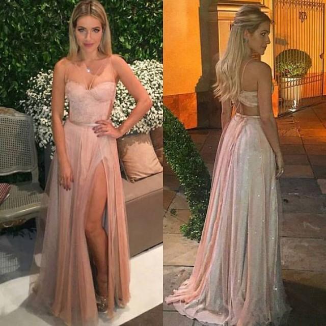 Pink Backless Prom Dresses Sexy Open Backs Tulle Evening Gowns With Spaghetti Straps Evening 7918