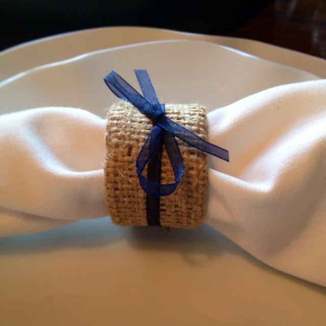Shabby Chic Burlap And Navy Wedding Napkin Rings, Burlap And Midnight