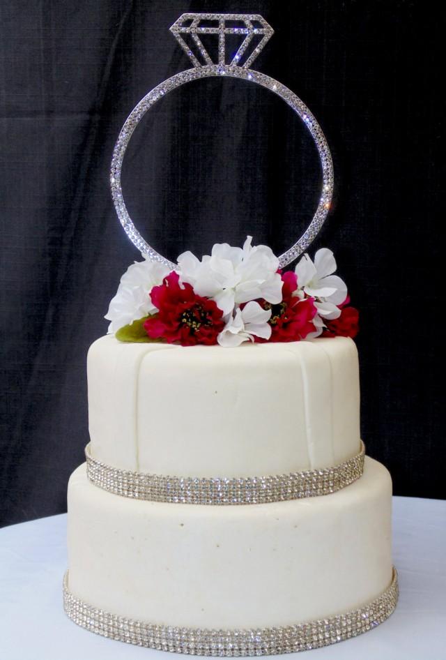 Single Extravagant Large Silver Rhinestone Wedding Ring Cake Topper By
