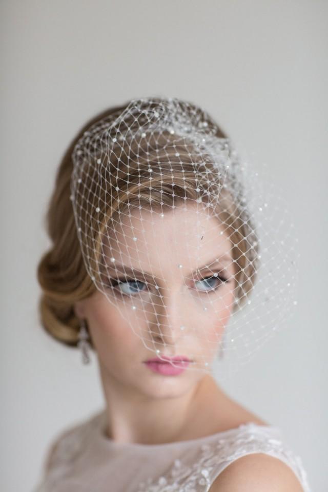 Wedding Beaded Birdcage Veil, Birdcage Veil With Scattered Crystals And