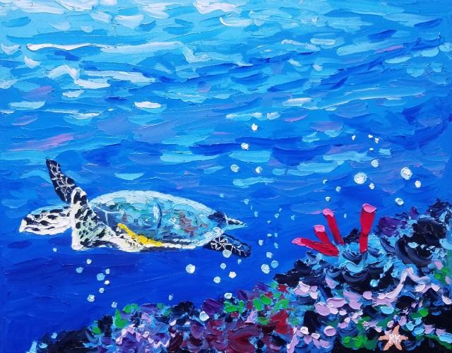 Original Palette Knife Painting, Sea Turtle Underwater By Original Palette Knife Painting, Sea Turtle Underwater By
