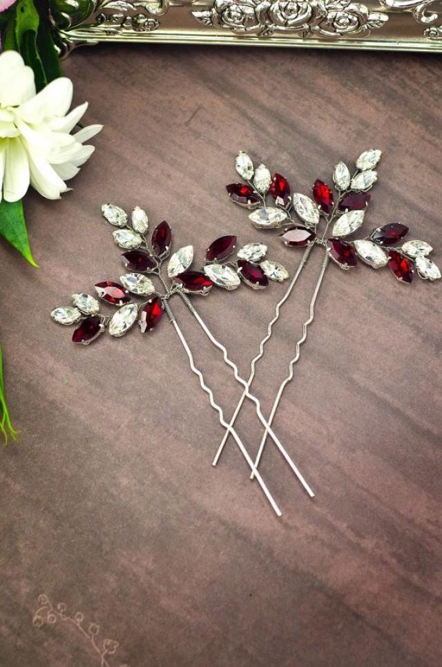 Red Bridal Hair Pins Red Crystal Hair Pins Red Hair Pins Red