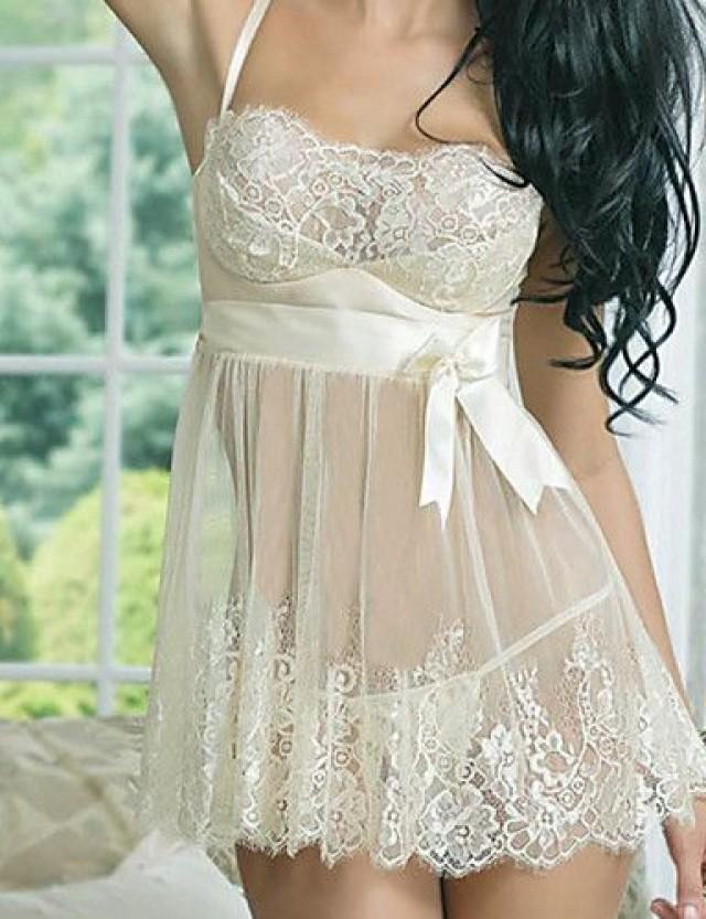 Women Chemises And Gowns Nightwear Lace Solid Spandex Core Spun Yarn