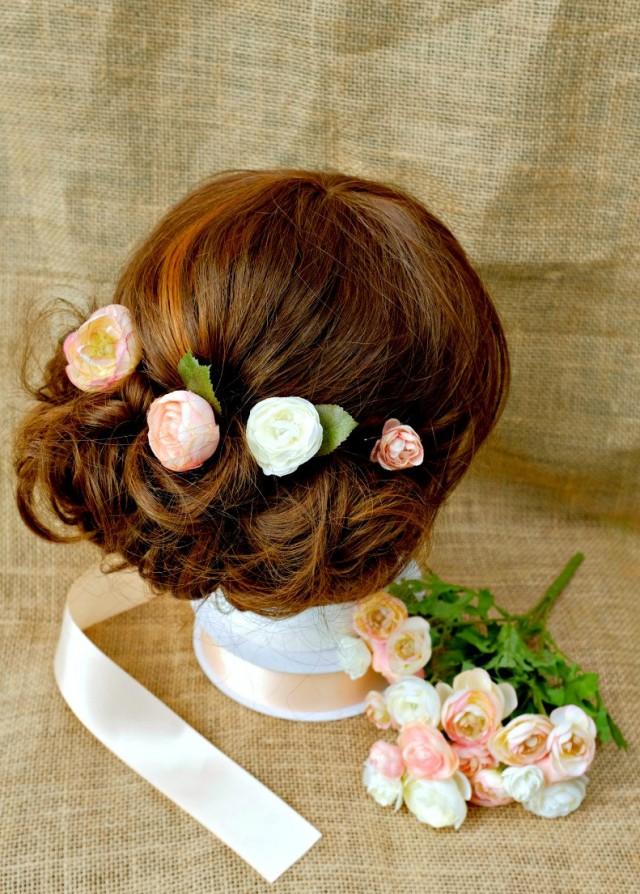 Peach Bridal Hair Pins, Peach Flower Bobby Pins, Floral Peach Hair Pins