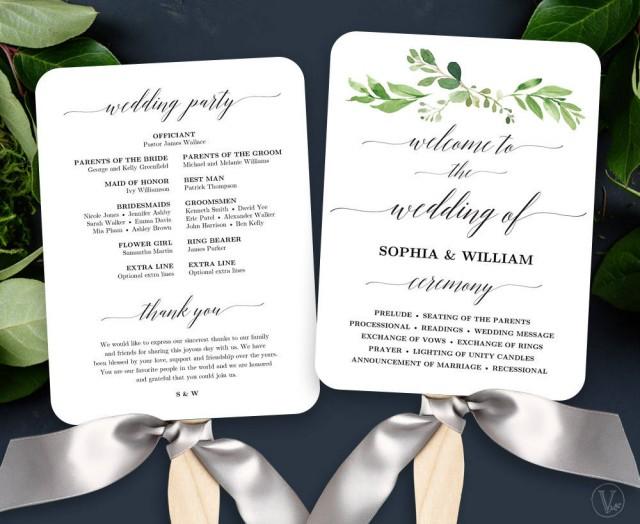 Garden Greenery Wedding Fan Program Printable Wedding Fan Program