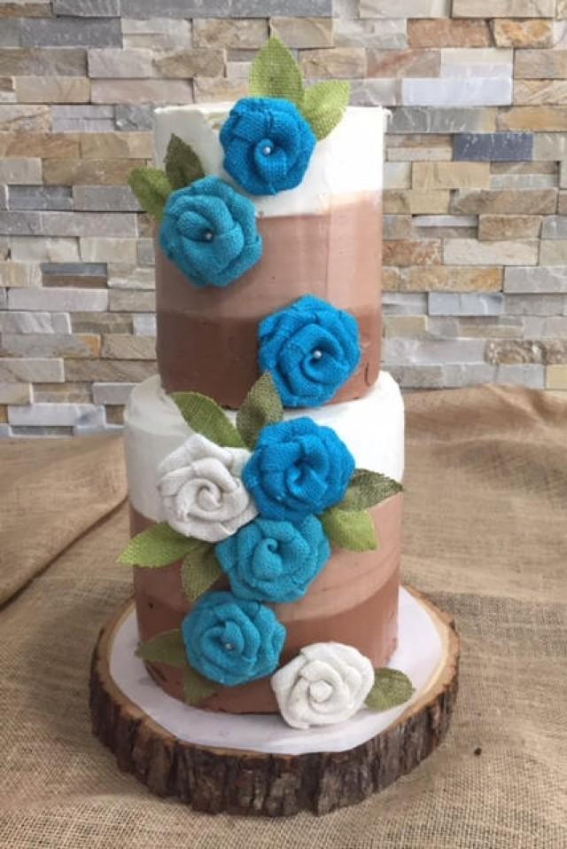 Burlap Flowers Turquoise Aqua Rustic Wedding Ombre Naked Cake