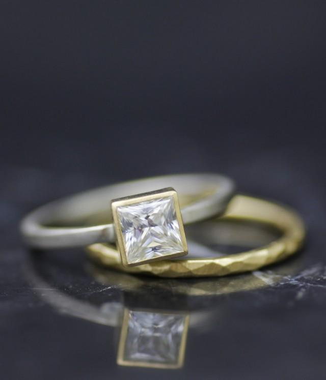 Women's Unique Engagement Ring, Square Moissanite Skinny Wedding Band