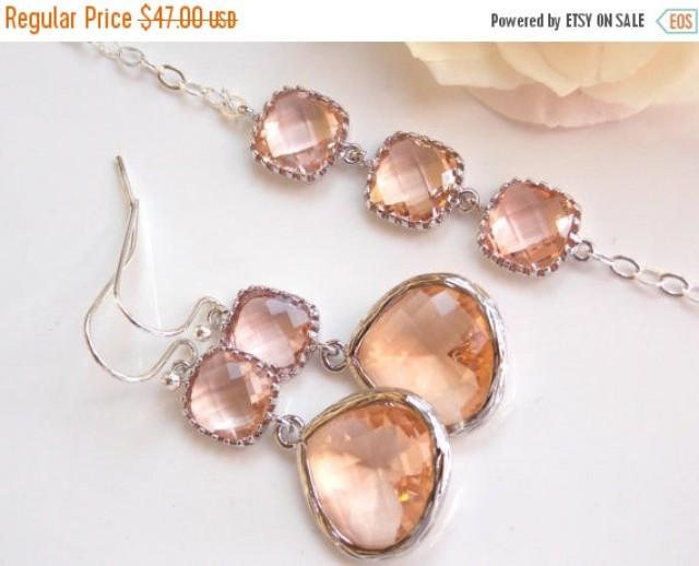 SALE Wedding Jewelry Set, Peach Earrings And Bracelet, Sterling Silver, Champagne, Blush