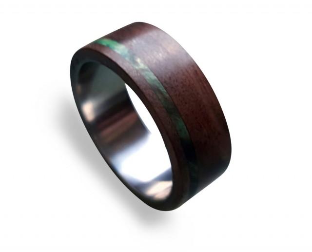 Titanium Ring For Men With Dark Oak Wood Inlaid With Green Box