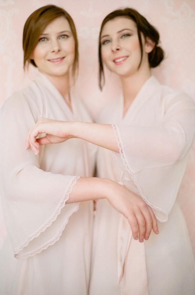 A Custom Lined Chiffon Robe With Delicate Lace Trim Long Blush