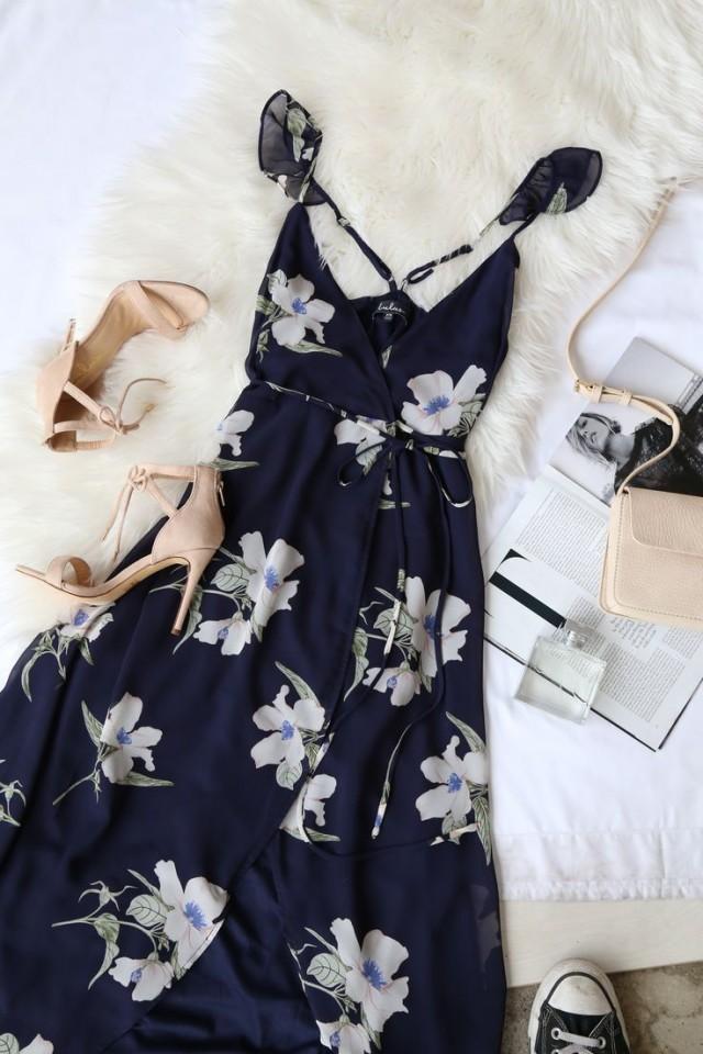 navy blue floral wrap dress