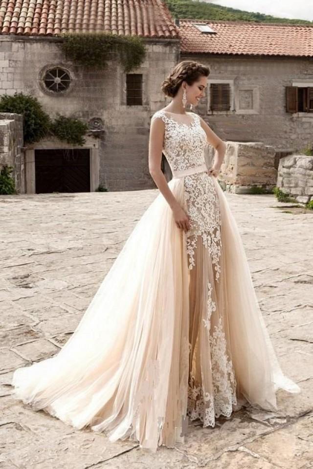 Wedding Dress Light Peach Echo And White Colors With Detachable Train Tulle Bridal Removable 5450