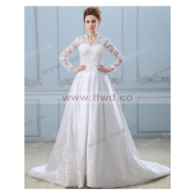 Aline Vneck Long Sleeve Satin White Wedding Dress With Lace BUKCH179