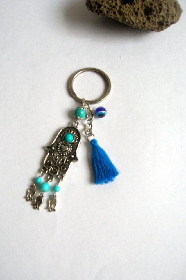 Hamsa Hand Keychain, Blue Tassel Keychain, Evil Eye Keychain, Hamsa