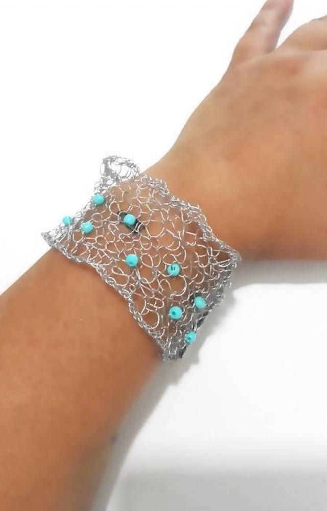 Sterling Silver Wire Knit Beaded Cuff Bracelet , Handmade Silver Mesh