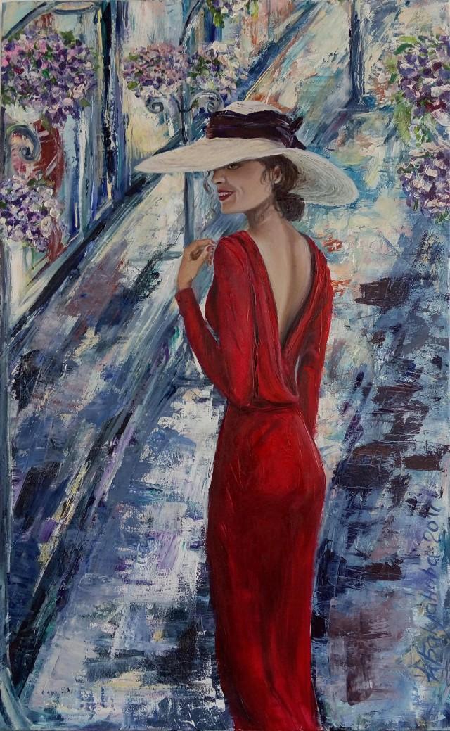 Lady In Red 50x80 Cm Original Mixed Painting 2017 Living Room
