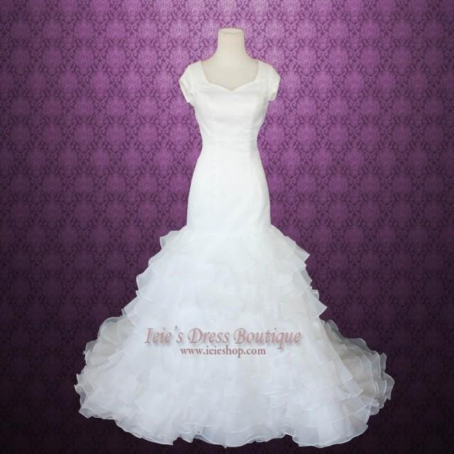 Modest Short Sleeves Fit And Flare Organza Ruffles Wedding Dress