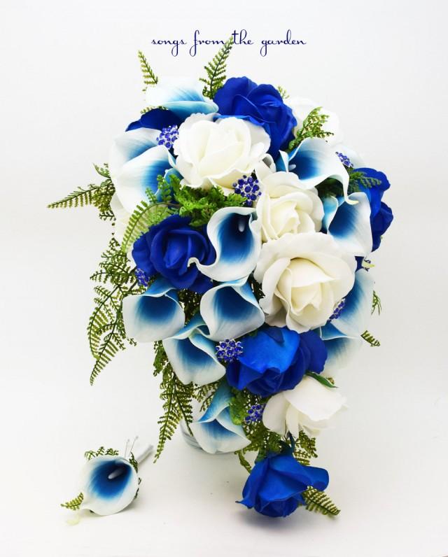 Cascade Bridal Bouquet Blue Picasso Callas Real Touch White Royal Blue Roses Blue Rhinestones 5370