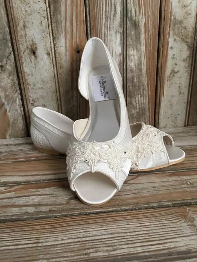 Bridal Lace Satin Flats Open Toe Beaded Lace Flats Peep Toe Wedding