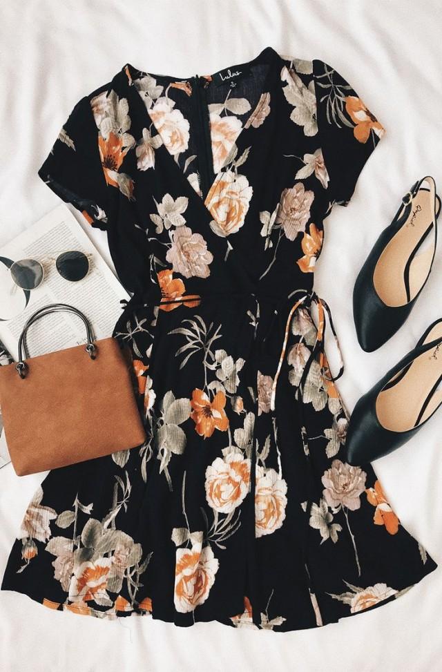 black floral print wrap dress