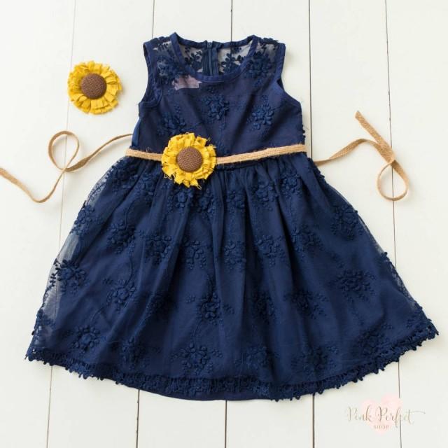 navy blue dress with sunflowers