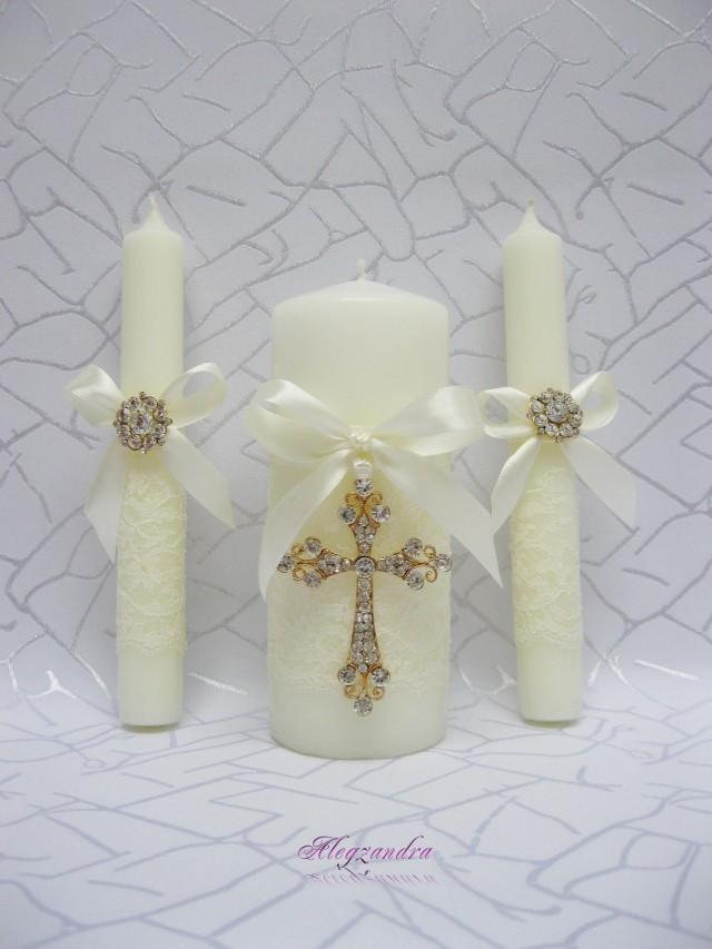 Unity Candle Set, Gold Cross And Crystals Candle Set, Church Wedding