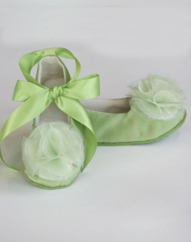 Green Toddler Shoe, Green Flower Girl Ballet Slipper, Baby Shoe, Ballet