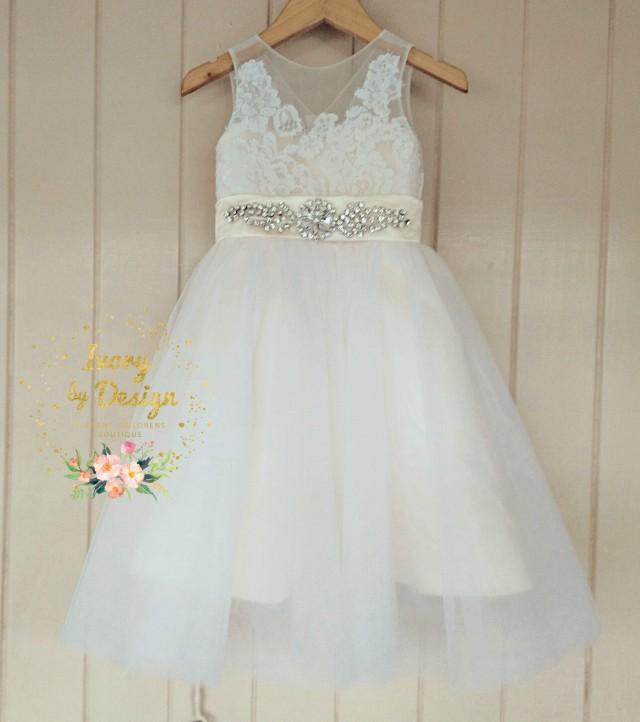 Sweet Cream Ivory White Tulle Flower Girl Dress Lace Bodice Sleeveless Princess Party Dress Knee 5745