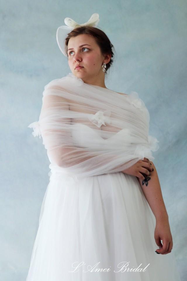 Simple Tulle Wedding Bridal Wrap Cape Shawl With White Organza Flowers  #2781692 - Weddbook