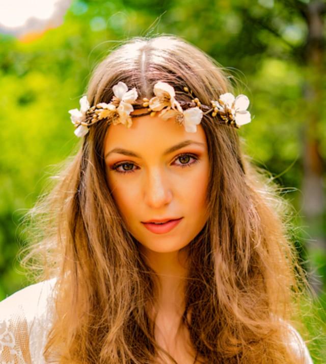 Bridal Gold Headdress Hair Wreath HeadPiece Flower Crown Fall Winter Halo Destination Wedding